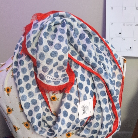 Coach Accessories - Coach Blue Polka Dot Scarf with Red Edging